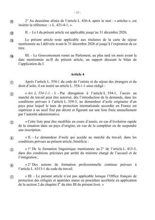 – 15 –
2° Au deuxième alinéa de l’article L. 436-4, après le mot : « articles », est
insérée la référence : « L. 421-4-1, ».
II. – Le I du présent article est applicable jusqu’au 31 décembre 2026.
Le présent article reste applicable aux titulaires de la carte de séjour
mentionnée au I délivrée avant le 31 décembre 2026 et jusqu’à l’expiration de ce
titre.
III. – Le Gouvernement remet au Parlement, au plus tard six mois avant la
date mentionnée au II du présent article, un rapport dressant le bilan de
l’application du I.
Article 4
Après l’article L. 554-1 du code de l’entrée et du séjour des étrangers et du
droit d’asile, il est inséré un article L. 554-1-1 ainsi rédigé :
« Art. L. 554-1-1. – I. – Par dérogation à l’article L. 554-1, l’accès au
marché du travail peut être autorisé, dès l’introduction de la demande, dans les
conditions prévues à l’article L. 554-3, au demandeur d’asile originaire d’un
pays pour lequel le taux de protection internationale accordée en France est
supérieur à un seuil fixé par décret et figurant sur une liste fixée annuellement
par l’autorité administrative.
« Cette liste peut être modifiée en cours d’année, en cas d’évolution rapide
de la situation dans un pays d’origine, en vue de la compléter ou de suspendre
une inscription.
« II. – Le demandeur d’asile qui accède au marché du travail, dans les
conditions prévues au présent article, bénéficie :
« 1° De la formation linguistique mentionnée au 2° de l’article L. 413-3,
dans des conditions précisées par arrêté du ministre chargé de l’accueil et de
l’intégration ;
« 2° Des actions de formation professionnelle continue prévues à
l’article L. 6313-1 du code du travail.
« III. – Le présent article n’est pas applicable lorsque l’Office français de
protection des réfugiés et apatrides statue en procédure accélérée en application
de la section 2 du chapitre Ier
du titre III du présent livre. »











 
