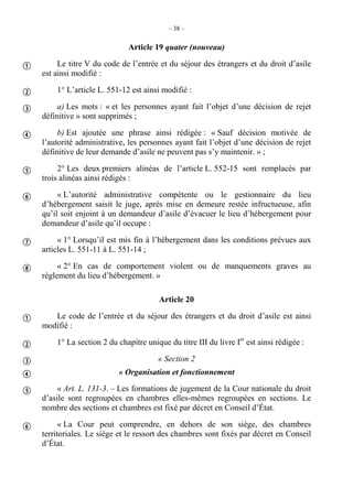 – 38 –
Article 19 quater (nouveau)
Le titre V du code de l’entrée et du séjour des étrangers et du droit d’asile
est ainsi modifié :
1° L’article L. 551-12 est ainsi modifié :
a) Les mots : « et les personnes ayant fait l’objet d’une décision de rejet
définitive » sont supprimés ;
b) Est ajoutée une phrase ainsi rédigée : « Sauf décision motivée de
l’autorité administrative, les personnes ayant fait l’objet d’une décision de rejet
définitive de leur demande d’asile ne peuvent pas s’y maintenir. » ;
2° Les deux premiers alinéas de l’article L. 552-15 sont remplacés par
trois alinéas ainsi rédigés :
« L’autorité administrative compétente ou le gestionnaire du lieu
d’hébergement saisit le juge, après mise en demeure restée infructueuse, afin
qu’il soit enjoint à un demandeur d’asile d’évacuer le lieu d’hébergement pour
demandeur d’asile qu’il occupe :
« 1° Lorsqu’il est mis fin à l’hébergement dans les conditions prévues aux
articles L. 551-11 à L. 551-14 ;
« 2° En cas de comportement violent ou de manquements graves au
règlement du lieu d’hébergement. »
Article 20
Le code de l’entrée et du séjour des étrangers et du droit d’asile est ainsi
modifié :
1° La section 2 du chapitre unique du titre III du livre Ier
est ainsi rédigée :
« Section 2
« Organisation et fonctionnement
« Art. L. 131-3. – Les formations de jugement de la Cour nationale du droit
d’asile sont regroupées en chambres elles-mêmes regroupées en sections. Le
nombre des sections et chambres est fixé par décret en Conseil d’État.
« La Cour peut comprendre, en dehors de son siège, des chambres
territoriales. Le siège et le ressort des chambres sont fixés par décret en Conseil
d’État.














 