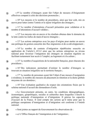 – 4 –
« 9° Le nombre d’étrangers ayant fait l’objet de mesures d’éloignement
effectives comparé à celui des décisions prononcées ;
« 10° Les moyens et le nombre de procédures, ainsi que leur coût, mis en
œuvre pour lutter contre l’entrée et le séjour irréguliers des étrangers ;
« 11° Le nombre d’attestations d’accueil présentées pour validation et le
nombre d’attestations d’accueil validées ;
« 12° Les moyens mis en œuvre et les résultats obtenus dans le domaine de
la lutte contre les trafics de main-d’œuvre étrangère ;
« 13° Les actions entreprises avec les pays d’origine pour mettre en œuvre
une politique de gestion concertée des flux migratoires et de co-développement ;
« 14° Le nombre de contrats d’intégration républicaine souscrits en
application de l’article L. 413-2 ainsi que les actions entreprises au niveau
national pour favoriser l’intégration des étrangers en situation régulière en
facilitant notamment leur accès à l’emploi, au logement et à la culture ;
« 15° Le nombre d’acquisitions de la nationalité française, pour chacune des
procédures ;
« 16° Des indicateurs permettant d’estimer le nombre d’étrangers se
trouvant en situation irrégulière sur le territoire français ;
« 17° Le nombre de personnes ayant fait l’objet d’une mesure d’assignation
à résidence, le nombre des mesures de placement en rétention et la durée globale
moyenne de ces dernières ;
« 18° Une évaluation qualitative du respect des orientations fixées par le
schéma national d’accueil des demandeurs d’asile.
« Le Gouvernement présente, en outre, les conditions démographiques,
économiques, géopolitiques, sociales et culturelles dans lesquelles s’inscrit la
politique nationale d’immigration et d’intégration. Il précise les capacités
d’accueil de la France. Il rend compte des actions qu’il mène pour que la
politique européenne d’immigration et d’intégration soit conforme à l’intérêt
national.
« Sont jointes au rapport du Gouvernement les observations de :
« a) L’Office français de l’immigration et de l’intégration ;













 