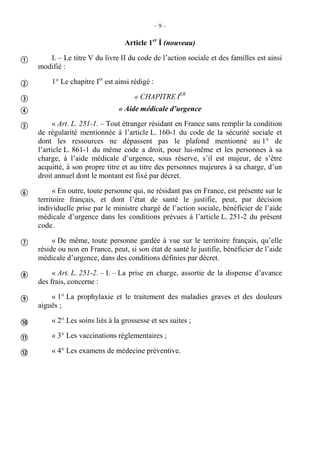 – 9 –
Article 1er
İ (nouveau)
I. – Le titre V du livre II du code de l’action sociale et des familles est ainsi
modifié :
1° Le chapitre Ier
est ainsi rédigé :
« CHAPITRE IER
« Aide médicale d’urgence
« Art. L. 251-1. – Tout étranger résidant en France sans remplir la condition
de régularité mentionnée à l’article L. 160-1 du code de la sécurité sociale et
dont les ressources ne dépassent pas le plafond mentionné au 1° de
l’article L. 861-1 du même code a droit, pour lui-même et les personnes à sa
charge, à l’aide médicale d’urgence, sous réserve, s’il est majeur, de s’être
acquitté, à son propre titre et au titre des personnes majeures à sa charge, d’un
droit annuel dont le montant est fixé par décret.
« En outre, toute personne qui, ne résidant pas en France, est présente sur le
territoire français, et dont l’état de santé le justifie, peut, par décision
individuelle prise par le ministre chargé de l’action sociale, bénéficier de l’aide
médicale d’urgence dans les conditions prévues à l’article L. 251-2 du présent
code.
« De même, toute personne gardée à vue sur le territoire français, qu’elle
réside ou non en France, peut, si son état de santé le justifie, bénéficier de l’aide
médicale d’urgence, dans des conditions définies par décret.
« Art. L. 251-2. – I. – La prise en charge, assortie de la dispense d’avance
des frais, concerne :
« 1° La prophylaxie et le traitement des maladies graves et des douleurs
aiguës ;
« 2° Les soins liés à la grossesse et ses suites ;
« 3° Les vaccinations réglementaires ;
« 4° Les examens de médecine préventive.












 