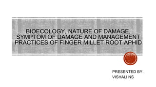 BIOECOLOGY, NATURE OF DAMAGE,
SYMPTOM OF DAMAGE AND MANAGEMENT
PRACTICES OF FINGER MILLET ROOT APHID
PRESENTED BY ,
VISHALI NS
 