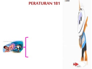PERATURAN181
1. peluru dilontar dari bahu
2. Kedudukantangan tidak boleh rendah darikedudukan
tangan semasa memegang.
3. Lontaran dibuat dalam bulatan
4. Pembatalan :
• menyentuh kawasan diluar bulatan
• keluar daribahagian hadapan bulatan .
• Menyentuh bahagian atas penyendal di hadapan
• peluru yang tidak betul
pelontar
• Melebihi 1 minit yang dibenarkan
 