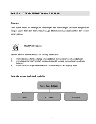 15
TAJUK 3 : TEKNIK MENYEDIAKAN BALAPAN
Sinopsis
Tajuk dalam modul ini merangkumi penerangan dan perbincangan cara-cara menyediakan
balapan 200m, 300m dan 400m. Modul ini juga dibekalkan dengan soalan aktiviti dan senarai
bahan rujukan.
Hasil Pembelajaran
Setelah selesai membaca modul ini, diharap anda dapat:
1. menjelaskan perkara-perkara penting sebelum menyediakan sesebuah balapan.
2. menjelaskan langkah-langkah yang perlu diambil semasa menyediakan sesebuah
balapan.
3. melaksanakan penyediaan sesebuah balapan dengan ukuran yang tepat.
Kerangka konsep tajuk-tajuk modul ini
Penyediaan Balapan
200 Meter 300 Meter 400 Meter
 