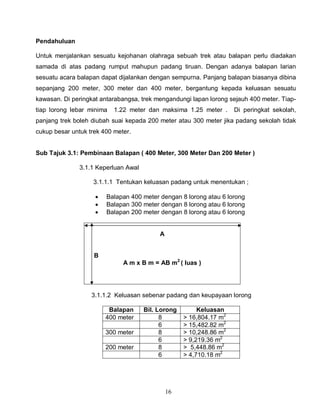 16
Pendahuluan
Untuk menjalankan sesuatu kejohanan olahraga sebuah trek atau balapan perlu diadakan
samada di atas padang rumput mahupun padang tiruan. Dengan adanya balapan larian
sesuatu acara balapan dapat dijalankan dengan sempurna. Panjang balapan biasanya dibina
sepanjang 200 meter, 300 meter dan 400 meter, bergantung kepada keluasan sesuatu
kawasan. Di peringkat antarabangsa, trek mengandungi lapan lorong sejauh 400 meter. Tiap-
tiap lorong lebar minima 1.22 meter dan maksima 1.25 meter . Di peringkat sekolah,
panjang trek boleh diubah suai kepada 200 meter atau 300 meter jika padang sekolah tidak
cukup besar untuk trek 400 meter.
Sub Tajuk 3.1: Pembinaan Balapan ( 400 Meter, 300 Meter Dan 200 Meter )
3.1.1 Keperluan Awal
3.1.1.1 Tentukan keluasan padang untuk menentukan ;
 Balapan 400 meter dengan 8 lorong atau 6 lorong
 Balapan 300 meter dengan 8 lorong atau 6 lorong
 Balapan 200 meter dengan 8 lorong atau 6 lorong
A
B
A m x B m = AB m2
( luas )
3.1.1.2 Keluasan sebenar padang dan keupayaan lorong
Balapan Bil. Lorong Keluasan
400 meter 8 > 16,804.17 m2
6 > 15,482.82 m2
300 meter 8 > 10,248.86 m2
6 > 9,219.36 m2
200 meter 8 > 5,448.86 m2
6 > 4,710.18 m2
 