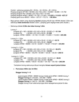 21
Contoh : sekiranya panjang AK = 29.5m. , KJ =20.0m., JD = 29.5m
Panjang lengkok AP+ND = 60/360 x 2(3.142) x 29.5 = 30.896 + 30.896 = 61.792
Panjang lengkok PN = 60/360 x 2(3.142) x 49.5 = 51.843
Panjang lengkok APND + BEMC = 61.792 + 51.843 = 113.635 + 113.635 =227.27
Panjang garis lurus AB/DC = 400m – 227.27 = 172.73. = 86.365m
- Bagi garisan dalam yang dipasang bendul panjang KA/JD dan HP/HN ditolak 0.30m dan
sekiranya tidak berbendul ditolak 0.20m. ( panjang garis segitiga tidak perlu diubah )
- Sekiranya ditolak 0.30m dan lebar lorong 1.22m
Lorong 1:
Lengkok AP + ND = 60/360 x 2(3.142) x 29.20 = 30.582 x 2 = 61.164
Lengkok PN = 60/360 x 2(3.142) x 49.20 = 51.529
Lengkok APND + BEMC = 61.164 + 51.529 = 112.693 + 112.693 = 225.386
Lorong 2 + 1.22m
Lengkok AP + ND = 60/360 x 2(3.142) x 30.42 = 31.86 x 2 = 63.72
Lengkok PN = 60/360 x 2(3.142) x 50.42 = 52.807
Lengkok APND + BEMC = 63.72 + 52.807 = 116.527 +116.527 = 233.054
Lorong 3 + 1.22m
Lengkok AP + ND = 60/360 x 2(3.142) x 31.64 = 33.138 x 2 = 66.276
Lengkok PN = 60/360 x 2(3.142) x 51.64 = 54.084
Lengkok APND + BEMC = 66.276 + 54.084 = 120.36 + 120.36 = 240.72
Lorong 4 + 1.22m
Lengkok AP + ND = 60/360 x 2(3.142) x 32.86 = 34.415 x 2 = 68.83
Lengkok PN = 60/360 x 2(3.142) x 52.86 = 55.362
Lengkok APND + BEMC = 68.83 + 55.362 = 124.192 + 124.192 = 248.384
Tambahan lorong seterusnya dibuat mengikut kiraan seperti jadual diatas
 Permulaan 400m dan 4x100m
Stagger lorong 1 = 0
Jarak lengkok APND + BEMC lorong 2 tolak jarak APND + BEMC lorong 1
Stagger lorong 2 = 233.054 – 225.386 = 7.67m
Jarak lengkok APND + BEMC lorong 3 tolak jarak APND + BEMC lorong 2
Stagger lorong 3 = 240.72 – 225.386 = 15.334m
Stagger lorong 4 dan seterusnya juga dikira sebagaimana jadual di atas.
 