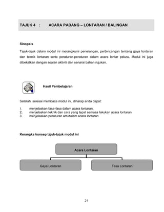 24
TAJUK 4 : ACARA PADANG – LONTARAN / BALINGAN
Sinopsis
Tajuk-tajuk dalam modul ini merangkumi penerangan, perbincangan tentang gaya lontaran
dan teknik lontaran serta peraturan-peraturan dalam acara lontar peluru. Modul ini juga
dibekalkan dengan soalan aktiviti dan senarai bahan rujukan.
Hasil Pembelajaran
Setelah selesai membaca modul ini, diharap anda dapat:
1. menjelaskan fasa-fasa dalam acara lontaran.
2. menjelaskan teknik dan cara yang tepat semasa lakukan acara lontaran
3. menjelaskan peraturan am dalam acara lontaran
Kerangka konsep tajuk-tajuk modul ini
Acara Lontaran
Gaya Lontaran Fasa Lontaran
 