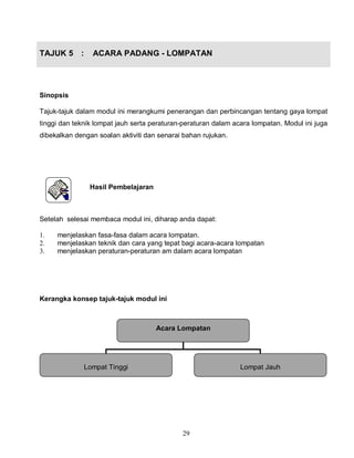 29
TAJUK 5 : ACARA PADANG - LOMPATAN
Sinopsis
Tajuk-tajuk dalam modul ini merangkumi penerangan dan perbincangan tentang gaya lompat
tinggi dan teknik lompat jauh serta peraturan-peraturan dalam acara lompatan. Modul ini juga
dibekalkan dengan soalan aktiviti dan senarai bahan rujukan.
Hasil Pembelajaran
Setelah selesai membaca modul ini, diharap anda dapat:
1. menjelaskan fasa-fasa dalam acara lompatan.
2. menjelaskan teknik dan cara yang tepat bagi acara-acara lompatan
3. menjelaskan peraturan-peraturan am dalam acara lompatan
Kerangka konsep tajuk-tajuk modul ini
Acara Lompatan
Lompat Tinggi Lompat Jauh
 