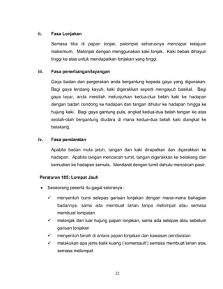 32
ii. Fasa Lonjakan
Semasa tiba di papan lonjak, pelompat seharusnya mencapai kelajuan
maksimum. Melonjak dengan menggunakan kaki lonjak. Kaki bebas dihayun
tinggi ke atas untuk mendapatkan lonjakan yang tinggi.
iii. Fasa penerbangan/layangan
Gaya badan dan pergerakan anda bergantung kepada gaya yang digunakan.
Bagi gaya tendang kayuh, kaki digerakkan seperti mengayuh basikal. Bagi
gaya layar, anda mestilah melunjurkan kedua-dua belah kaki ke hadapan
dengan badan condong ke hadapan dan tangan dihulur ke hadapan hingga ke
hujung kaki. Bagi gaya gantung pula, angkat kedua-dua belah tangan ke atas
seolah-olah bergantung diudara di mana kedua-dua belah kaki diangkat ke
belakang.
iv. Fasa pendaratan
Apabila badan mula jatuh, tangan dan kaki dirapatkan dan digerakkan ke
hadapan. Apabila tangan mencecah tumit, tangan digerakkan ke belakang dan
kemudian ke hadapan semula. Mendarat dengan tumit dahulu mencecah pasir.
Peraturan 185: Lompat Jauh
 Seseorang peserta itu gagal sekiranya :
 menyentuh bumi selepas garisan lonjakan dengan mana-mana bahagian
badannya, sama ada membuat larian tanpa melompat atau semasa
membuat lompatan
 melonjak dari luar hujung papan lonjakan, sama ada selepas atau sebelum
garisan lonjakan
 menyentuh tanah di antara papan lonjakan dan kawasan pendaratan
 melakukan apa jenis balik kuang (‘somersault’) semasa membuat larian atau
semasa melompat
 