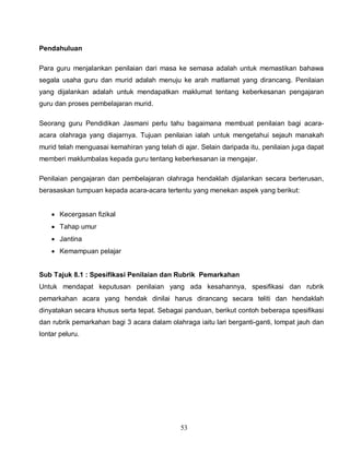 53
Pendahuluan
Para guru menjalankan penilaian dari masa ke semasa adalah untuk memastikan bahawa
segala usaha guru dan murid adalah menuju ke arah matlamat yang dirancang. Penilaian
yang dijalankan adalah untuk mendapatkan maklumat tentang keberkesanan pengajaran
guru dan proses pembelajaran murid.
Seorang guru Pendidikan Jasmani perlu tahu bagaimana membuat penilaian bagi acara-
acara olahraga yang diajarnya. Tujuan penilaian ialah untuk mengetahui sejauh manakah
murid telah menguasai kemahiran yang telah di ajar. Selain daripada itu, penilaian juga dapat
memberi maklumbalas kepada guru tentang keberkesanan ia mengajar.
Penilaian pengajaran dan pembelajaran olahraga hendaklah dijalankan secara berterusan,
berasaskan tumpuan kepada acara-acara tertentu yang menekan aspek yang berikut:
 Kecergasan fizikal
 Tahap umur
 Jantina
 Kemampuan pelajar
Sub Tajuk 8.1 : Spesifikasi Penilaian dan Rubrik Pemarkahan
Untuk mendapat keputusan penilaian yang ada kesahannya, spesifikasi dan rubrik
pemarkahan acara yang hendak dinilai harus dirancang secara teliti dan hendaklah
dinyatakan secara khusus serta tepat. Sebagai panduan, berikut contoh beberapa spesifikasi
dan rubrik pemarkahan bagi 3 acara dalam olahraga iaitu lari berganti-ganti, lompat jauh dan
lontar peluru.
 