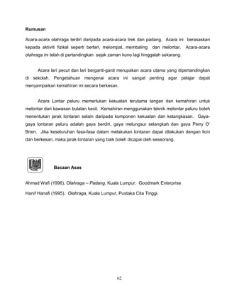 62
Rumusan
Acara-acara olahraga terdiri daripada acara-acara trek dan padang. Acara ini berasaskan
kepada aktiviti fizikal seperti berlari, melompat, membaling dan melontar. Acara-acara
olahraga ini telah di pertandingkan sejak zaman kuno lagi hinggalah sekarang.
Acara lari pecut dan lari berganti-ganti merupakan acara utama yang dipertandingkan
di sekolah. Pengetahuan mengenai acara ini sangat penting agar pelajar dapat
menyampaikan kemahiran ini secara berkesan.
Acara Lontar peluru memerlukan kekuatan terutama tangan dan kemahiran untuk
melontar dari kawasan bulatan kecil. Kemahiran menggunakan teknik melontar peluru boleh
menentukan jarak lontaran selain daripada komponen kekuatan dan ketangkasan. Gaya-
gaya lontaran peluru adalah gaya berdiri, gaya melungsur selangkah dan gaya Perry O’
Brien. Jika keseluruhan fasa-fasa dalam melakukan lontaran dapat dilakukan dengan licin
dan berkesan, maka jarak lontaran yang baik boleh dicapai oleh seseorang.
Bacaan Asas
Ahmad Wafi (1996), Olahraga – Padang, Kuala Lumpur: Goodmark Enterprise
Hanif Hanafi (1995). Olahraga, Kuala Lumpur, Pustaka Cita Tinggi.
 