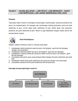 4
TAJUK 2 : ACARA BALAPAN – LARI PECUT, LARI BERGANTI – GANTI
LARI BERPAGAR, LARI JARAK SEDERHANA DAN JAUH
Sinopsis
Tajuk-tajuk dalam modul ini merangkumi penerangan, perbincangan, peraturan-peraturan lari
pecut, lari berganti-ganti, lari berpagar dan penerangan tentang jenis-jenis acara lari jarak
sederhana & jauh, ciri-ciri pelari jarak sederhana & jauh, teknik larian dan peraturan-
peraturan lari jarak sederhana & jauh. Modul ini juga dibekalkan dengan soalan aktiviti dan
senarai bahan rujukan.
Hasil Pembelajaran
Setelah selesai membaca modul ini, diharap anda dapat:
1. menjelaskan teknik kemahiran asas lari pecut, lari berganti - ganti dan lari berpagar
dengan cara yang betul.
2. menjelaskan fasa-fasa dalam lari pecut, lari berganti - ganti dan lari berpagar.
3. menjelaskan undang-undang dan peraturan dalam acara lari pecut, lari berganti - ganti
dan lari berpagar.
4. menyatakan jenis-jenis acara yang terdapat dalam kategori lari jarak sederhana dan jarak
jauh.
5. menjelaskan teknik larian jarak sederhana dan jarak jauh dengan cara yang tepat.
6. menyatakan peraturan larian jarak sederhana dan lari jarak jauh.
Kerangka konsep tajuk-tajuk modul ini
Acara Balapan
Lari Pecut Lari Berganti-ganti Lari Berpagar
Lari Jarak
Sederhana Dan
Jarak Jauh
 