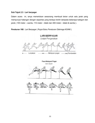 10
Sub Tajuk 2.3 : Lari berpagar
Dalam acara ini, ianya memerlukan seseorang membuat larian untuk satu jarak yang
mempunyai halangan dengan sepantas yang terdaya terdiri daripada beberapa kategori dan
jarak ( 100 meter – wanita, 110 meter – lelaki dan 400 meter – lelaki & wanita ).
Peraturan 168 : Lari Berpagar ( Rujuk Buku Peraturan Olahraga KOAM )
 