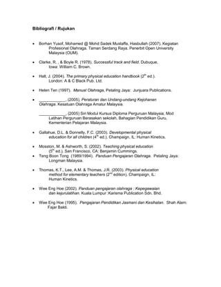 Bibliografi / Rujukan
 Borhan Yusof, Mohamed @ Mohd Sadek Mustaffa, Hasbullah (2007). Kegiatan
Profesional Olahraga. Taman Serdang Raya. Penerbit Open University
Malaysia (OUM).
 Clarke, R. , & Boyle R. (1978). Successful track and field. Dubuque,
Iowa: William C. Brown.
 Hall, J. (2004). The primary physical education handbook (2th
ed.).
London: A & C Black Pub. Ltd.
 Helen Ten (1997). Manual Olahraga, Petaling Jaya: Junjuara Publications.
 ____________, (2005), Peraturan dan Undang-undang Kejohanan
Olahraga. Kesatuan Olahraga Amatur Malaysia.
____________, (2005) Siri Modul Kursus Diploma Perguruan Malaysia, Mod
Latihan Perguruan Berasakan sekolah, Bahagian Pendidikan Guru,
Kementerian Pelajaran Malaysia.
 Gallahue, D.L. & Donnelly, F.C. (2003). Developmental physical
education for all children (4th
ed.). Champaign, IL: Human Kinetics.
 Mosston, M. & Ashworth, S. (2002). Teaching physical education
(5th
ed.). San Francisco, CA: Benjamin Cummings.
 Teng Boon Tong (1989/1994). Panduan Pengajaran Olahraga. Petaling Jaya:
Longman Malaysia.
 Thomas, K.T., Lee, A.M. & Thomas, J.R. (2003). Physical education
method for elementary teachers (2nd
edition). Champaign, IL:
Human Kinetics.
 Wee Eng Hoe (2002). Panduan pengajaran olahraga : Kepegawaian
dan kejurulatihan. Kuala Lumpur :Karisma Publication Sdn. Bhd.
 Wee Eng Hoe (1995). Pengajaran Pendidikan Jasmani dan Kesihatan. Shah Alam:
Fajar Bakti.
 