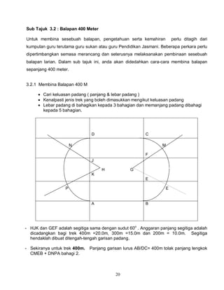 20
Sub Tajuk 3.2 : Balapan 400 Meter
Untuk membina sesebuah balapan, pengetahuan serta kemahiran perlu ditagih dari
kumpulan guru terutama guru sukan atau guru Pendidikan Jasmani. Beberapa perkara perlu
dipertimbangkan semasa merancang dan seterusnya melaksanakan pembinaan sesebuah
balapan larian. Dalam sub tajuk ini, anda akan didedahkan cara-cara membina balapan
sepanjang 400 meter.
3.2.1 Membina Balapan 400 M
 Cari keluasan padang ( panjang & lebar padang )
 Kenalpasti jenis trek yang boleh dimasukkan mengikut keluasan padang
 Lebar padang di bahagikan kepada 3 bahagian dan memanjang padang dibahagi
kepada 5 bahagian.
D C
N M
F
J
H G
K
E
P E
A B
- HJK dan GEF adalah segitiga sama dengan sudut 60o
. Anggaran panjang segitiga adalah
dicadangkan bagi trek 400m =20.0m, 300m =15.0m dan 200m = 10.0m. Segitiga
hendaklah dibuat ditengah-tengah garisan padang.
- Sekiranya untuk trek 400m. Panjang garisan lurus AB/DC= 400m tolak panjang lengkok
CMEB + DNPA bahagi 2.
 