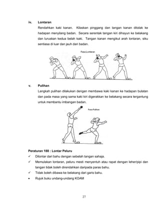 27
iv. Lontaran
Rendahkan kaki kanan. Kilaskan pinggang dan tangan kanan ditolak ke
hadapan menyilang badan. Secara serentak tangan kiri dihayun ke belakang
dan luruskan kedua belah kaki. Tangan kanan mengikut arah lontaran, siku
sentiasa di luar dan jauh dari badan.
v. Pulihan
Langkah pulihan dilakukan dengan membawa kaki kanan ke hadapan bulatan
dan pada masa yang sama kaki kiri digerakkan ke belakang secara tergantung
untuk membantu imbangan badan.
Peraturan 188 : Lontar Peluru
 Dilontar dari bahu dengan sebelah tangan sahaja.
 Memulakan lontaran, peluru mesti menyentuh atau rapat dengan leher/pipi dan
tangan tidak boleh direndahkan daripada paras bahu.
 Tidak boleh dibawa ke belakang dari garis bahu.
 Rujuk buku undang-undang KOAM
 