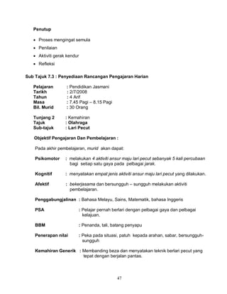 47
Penutup
 Proses mengingat semula
 Penilaian
 Aktiviti gerak kendur
 Refleksi
Sub Tajuk 7.3 : Penyediaan Rancangan Pengajaran Harian
Pelajaran : Pendidikan Jasmani
Tarikh : 2/7/2008
Tahun : 4 Arif
Masa : 7.45 Pagi – 8.15 Pagi
Bil. Murid : 30 Orang
Tunjang 2 : Kemahiran
Tajuk : Olahraga
Sub-tajuk : Lari Pecut
Objektif Pengajaran Dan Pembelajaran :
Pada akhir pembelajaran, murid akan dapat:
Psikomotor : melakukan 4 aktiviti ansur maju lari pecut sebanyak 5 kali percubaan
bagi setiap satu gaya pada pelbagai jarak.
Kognitif : menyatakan empat jenis aktiviti ansur maju lari pecut yang dilakukan.
Afektif : bekerjasama dan bersungguh – sungguh melakukan aktiviti
pembelajaran.
Penggabungjalinan : Bahasa Melayu, Sains, Matematik, bahasa Inggeris
PSA : Pelajar pernah berlari dengan pelbagai gaya dan pelbagai
kelajuan.
BBM : Penanda, tali, batang penyapu
Penerapan nilai : Peka pada situasi, patuh kepada arahan, sabar, bersungguh-
sungguh
Kemahiran Generik : Membanding beza dan menyatakan teknik berlari pecut yang
tepat dengan berjalan pantas.
 