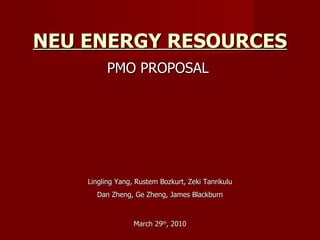 NEU ENERGY RESOURCES PMO PROPOSAL  March 29 th , 2010 Lingling Yang, Rustem Bozkurt, Zeki Tanrikulu Dan Zheng, Ge Zheng, James Blackburn 