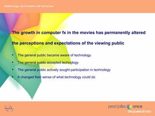 The growth in computer fx in the movies has permanently altered  the perceptions and expectations of the viewing public The general public became aware of technology The general public accepted technology The general public actively sought participation in technology It changed their sense of what technology could do 