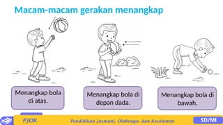Macam-macam gerakan menangkap
Menangkap bola
di atas.
Menangkap bola di
depan dada.
Menangkap bola di
bawah.
 