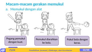 Macam-macam gerakan memukul
Pegang pemukul
dengan kuat.
Pemukul diarahkan
ke bola.
Pukul bola dengan
keras.
a. Memukul dengan alat
 