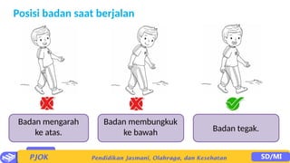 Posisi badan saat berjalan
Badan mengarah
ke atas.
Badan membungkuk
ke bawah Badan tegak.
 