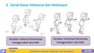 3. Gerak Dasar Meloncat dan Melompat
Gerakan meloncat bertumpu
menggunakan dua kaki.
Gerakan melompat bertumpu
menggunakan satu kaki.
 