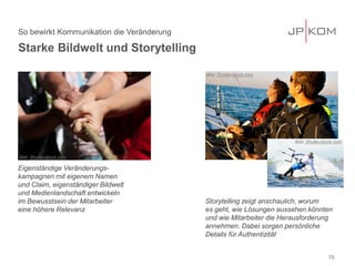 Starke Bildwelt und Storytelling 
So bewirkt Kommunikation die Veränderung 
16 
Eigenständige Veränderungs- kampagnen mit eigenem Namen und Claim, eigenständiger Bildwelt und Medienlandschaft entwickeln im Bewusstsein der Mitarbeiter eine höhere Relevanz 
Storytelling zeigt anschaulich, worum es geht, wie Lösungen aussehen könnten und wie Mitarbeiter die Herausforderung annehmen. Dabei sorgen persönliche Details für Authentizität 
Bild: Shutterstock.com 
Bild: Shutterstock.com 
Bild: Shutterstock.com  