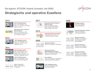 Die Agentur JP│KOM: Awards (Auswahl, seit 2008) 
Strategische und operative Exzellenz 
6 
2009 
Deutscher PR-Preis 
Gold in der Kategorie „Sponsoring“ 
Deutscher Preis für Wirtschaftskommunikation 
Sieg in der Kategorie „Beste Public Relations Kommunikation“ 
Econ Awards 
Sieg in der Kategorie „Strategische Unternehmenskommunikation“ 
LACP Spotlight Awards 
Gold in der Kategorie „Best Presentation/Speech“ 
2008 
PR Report Awards 
Sieg in der Kategorie „Issue Management“ 
European Excellence Awards 
Sieg in der Kategorie „Controlling/Evaluation“ 
Deutscher PR-Preis 
Shortlist in der Kategorie „Wertschöpfung durch Kommunikation“ 
Deutscher PR-Preis 
Shortlist in der Kategorie „Change Kommunikation“ 
Deutscher PR-Preis 
Shortlist in der Kategorie „Interne Kommunikation/ Mitarbeiterkommunikation“ 
2012 
LACP Spotlight Awards 
Platin in der Kategorie „Print: Guide/Toolkit“, Gold in der Kategorie „Most Creative“, Top 100 Comm. Materials of 2012 
LACP Spotlight Awards 
Silber in der Kategorie „Web/ E-Mail: Newsletter/Magazine“ 
inkom. Grand Prix 
Silber in der Kategorie „E-Magazine“ 
2010 
International Business Awards 
Distinguished honoree in the “Food & Beverage” category 
2013 
LACP Spotlight Awards 
Gold in der Kategorie „Print: Brochure“, Top 100 Comm. Materials of 2013 
2011 
International Public Relations Network Award 
Sieg in der Kategorie „B2B Kommunikation“ und Gesamt- sieger „Project of the Year“ 
2014 
LACP Spotlight Awards Gold in der Kategorie „Print: Other“, Top 100 Communications Materials of 2014 
International Public Relations Network Award 
Sieg in der Kategorie „B2B Kommunikation“ (gemeinsam mit The McOnie Agency)  