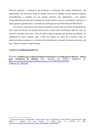 interesses políticos e econômicos que permeiam a construção das grandes hidrelétricas, que
supostamente são uma fonte limpa de energia, mas que na realidade causam grandes impactos
socioambientais e atendem em sua maioria interesses das empreiteiras e dos grandes
empreendimentos privados que necessitam de energia elétrica, como as mineradoras e refinarias. A
atual e grande expressão disso é o exemplo da construção da Usina Hidrelétrica de Belo Monte4.
      Em meio ao contexto dos altos índices de pobreza e êxodo rural que afetam às populações do
meio rural e da floresta, em especial aos/às jovens, a partir dessa contribuição, além de expor um
ponto de vista sobre esse tema, a ideia foi elencar algumas questões que auxiliem nos debates e na
elaboração de outras questões junto a PJR, em relação aos temas da: economia verde, do
desenvolvimento sustentável e os desafios da construção de um projeto de desenvolvimento rural
para o Brasil com bases na agroecologia.


CONSULTAS BIBLIOGRÁFICAS


PNUMA. Caminhos para o Desenvolvimento Sustentável e a Erradicação da Pobreza – Síntese
para Tomadores de Decisão, 2011. Acessado em: 29/06/12. Disponível em:
http://www.pnuma.org.br/admin/publicacoes/texto/1101-GREENECONOMY-
synthesis_PT_online.pdf.




4
  É possível uma maior compreensão e esclarecimento sobre a Hidrelétrica de Belo Monte no Documentário “Belo
Monte     –     Anúncio    de     uma     Guerra”.    O     Filme      pode    ser   acessado   na     URL:
http://www.youtube.com/watch?feature=player_embedded&v=091GM9g2jGk .
 
