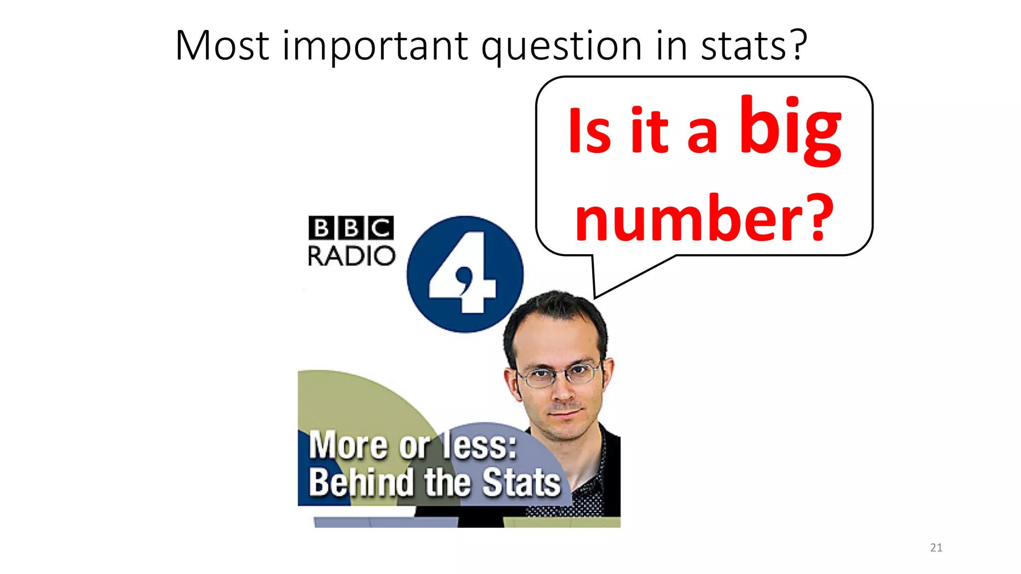 Most important question in stats?
Is it a big
number?
21
 