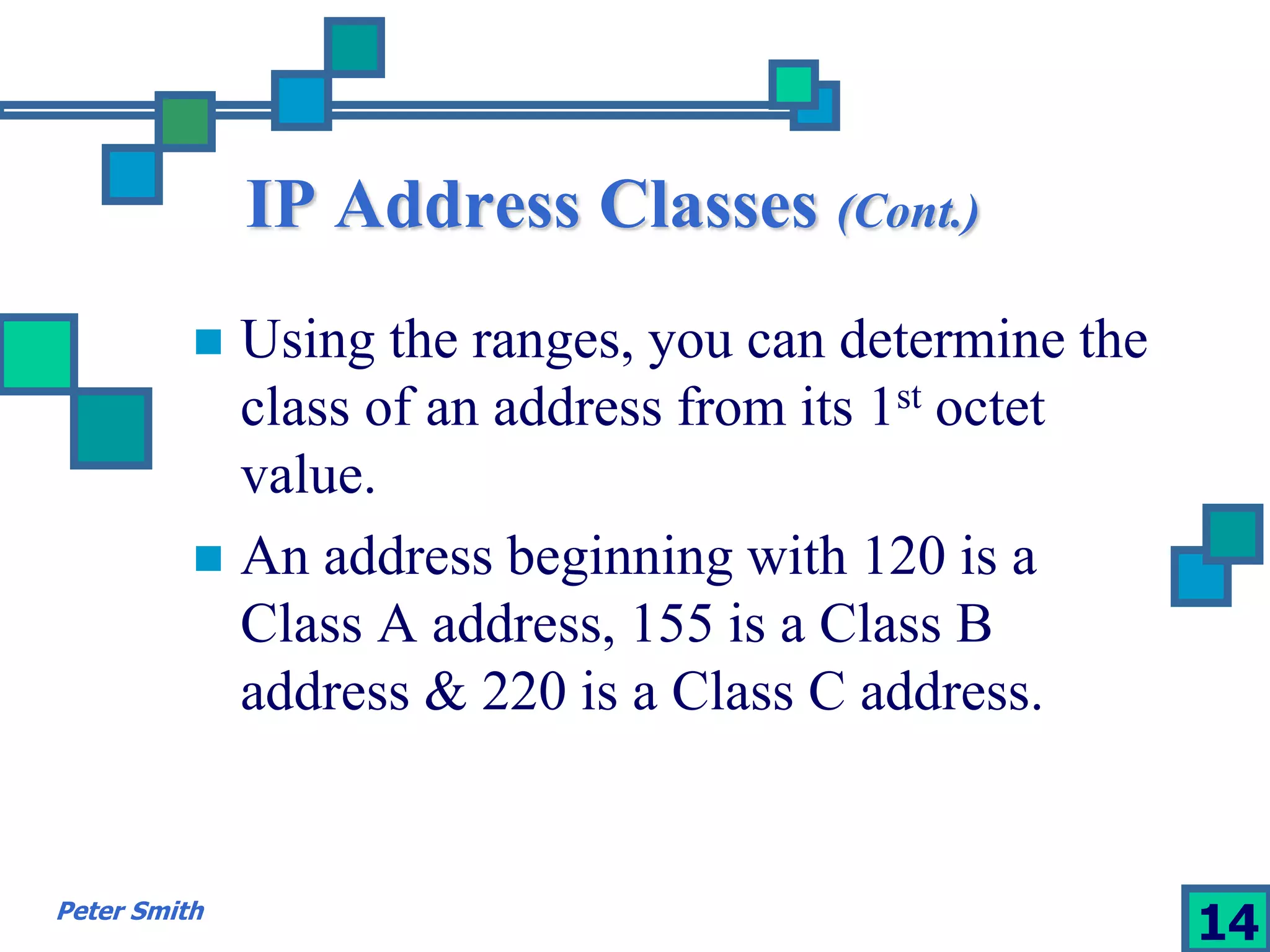 IP Address Classes (Cont.) 
 Using the ranges, you can determine the 
class of an address from its 1st octet 
value. 
 An address beginning with 120 is a 
Class A address, 155 is a Class B 
address & 220 is a Class C address. 
Peter Smith 14 
 