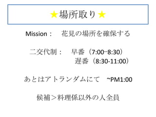 ★場所取り★
Mission：   花見の場所を確保する

 二交代制： 早番（7:00ｰ8:30）
        遅番（8:30-11:00）

あとはアトランダムにて ~PM1:00

   候補＞料理係以外の人全員
 