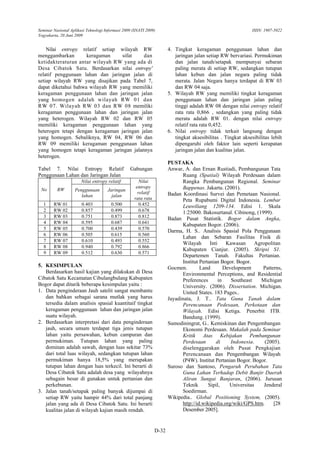 Seminar Nasional Aplikasi Teknologi Informasi 2009 (SNATI 2009)                                              ISSN: 1907-5022
Yogyakarta, 20 Juni 2009


    Nilai entropy relatif setiap wilayah RW                           4. Tingkat keragaman penggunaan lahan dan
menggambarkan        keragaman     sifat    dan                          jaringan jalan setiap RW bervariasi. Permukiman
ketidakteraturan antar wilayah RW yang ada di                            dan jalan tanah/setapak mempunyai sebaran
Desa Cibatok Satu. Berdasarkan nilai entropy'                            paling merata di setiap RW, sedangkan tutupan
relatif penggunaan lahan dan jaringan jalan di                           lahan kebun dan jalan negara paling tidak
setiap wilayah RW yang disajikan pada Tabel 7,                           merata. Jalan Negara hanya terdapat di RW 03
dapat diketahui bahwa wilayah RW yang memiliki                           dan RW 04 saja.
keragaman penggunaan lahan dan jaringan jalan                         5. Wilayah RW yang memiliki tingkat keragaman
yang homogen adalah wilayah RW 01 dan                                    penggunaan lahan dan jaringan jalan paling
RW 07. Wilayah RW 03 dan RW 08 memiliki                                  tinggi adalah RW 08 dengan nilai entropy relatif
keragaman penggunaan lahan dan jaringan jalan                            rata rata 0,866 , sedangkan yang paling tidak
yang heterogen. Wilayah RW 02 dan RW 05                                  merata adalah RW 01. dengan nilai entropy
memiliki keragaman penggunaan lahan yang                                 relatif rata rata 0,452.
heterogen tetapi dengan keragaman jaringan jalan                      6. Nilai entropy tidak terkait langsung dengan
yang homogen. Sebaliknya, RW 04, RW 06 dan                               tingkat aksesibilitas . Tingkat aksesibilitas lebih
RW 09 memiliki keragaman penggunaan lahan                                dipengaruhi oleh faktor lain seperti kerapatan
yang homogen tetapi keragaman jaringan jalannya                          jaringan jalan dan kualitas jalan.
heterogen.
                                                                      PUSTAKA
Tabel 7. Nilai Entropy Relatif                   Gabungan             Anwar, A. dan Ernan Rustiadi, Pembangunan Tata
Penggunaan Lahan dan Jaringan Jalan                                         Ruang (Spatial) Wilayah Perdesaan dalam
                       Nilai entropy relatif          Nilai                 Rangka Pembangunan Regional. Seminar
                                                    entropy                 Bappenas. Jakarta. (2001).
 No       RW       Penggunaan        Jaringan
                                                     relatif          Badan Koordinasi Survei dan Pemetaan Nasional.
                      lahan            jalan
                                                   rata rata                Peta Rupabumi Digital Indonesia. Lembar
  1     RW 01          0.403           0.500          0.452                 Leuwiliang 1209-134. Edisi 1. Skala
  2     RW 02          0.857           0.499          0.678                 1:25000. Bakosurtanal. Cibinong, (1999).
  3     RW 03          0.751           0.873          0.812           Badan Pusat Statistik. Bogor dalam Angka,
  4     RW 04          0.595           0.687          0.641
                                                                            Kabupaten Bogor. (2006).
  5     RW 05          0.700           0.439          0.570
                                                                      Darma, H. S.. Analisis Spasial Pola Penggunaan
  6     RW 06          0.505           0.615          0.560
                                                                            Lahan dan Sebaran Fasilitas Fisik di
  7     RW 07          0.610           0.493          0.552
                                                                            Wilayah       Inti     Kawasan     Agropolitan
  8     RW 08          0.940           0.792          0.866
                                                                            Kabupaten Cianjur. (2005). Skripsi S1.
  9     RW 09          0.512           0.630          0.571
                                                                            Departemen Tanah. Fakultas Pertanian.
                                                                            Institut Pertanian Bogor. Bogor.
5. KESIMPULAN                                                         Gocmen.        Land         Development     Patterns,
   Berdasarkan hasil kajian yang dilakukan di Desa                          Environmental Perceptions, and Residential
Cibatok Satu Kecamatan Cibulangbulang Kabupaten                             Preferences        in    Southeast   Michigan
Bogor dapat ditarik beberapa kesimpulan yaitu :                             University. (2006). Dissertation. Michigan.
1. Data penginderaan Jauh satelit sangat membantu                           United States. 183 Pages..
   dan bahkan sebagai sarana mutlak yang harus                        Jayadinata, J. T.. Tata Guna Tanah dalam
   tersedia dalam analisis spasial kuantitaif tingkat                       Perencanaan Pedesaan, Perkotaan dan
   keragaman penggunaan lahan dan jaringan jalan                            Wilayah. Edisi Ketiga. Penerbit ITB.
   suatu wilayah.                                                           Bandung. (1999).
2. Berdasarkan interpretasi dari data penginderaan                    Sumodiningrat, G.. Kemiskinan dan Pengembangan
   jauh, secara umum terdapat tiga jenis tutupan                            Ekonomi Perdesaan. Makalah pada Seminar
   lahan yaitu persawahan, kebun campuran dan                               Kritik Atas Kebijakan Pembangunan
   permukiman. Tutupan lahan yang paling                                    Perdesaan        di      Indonesia.    (2005).
   dominan adalah sawah, dengan luas sekitar 73%                            diselenggarakan oleh Pusat Pengkajian
   dari total luas wilayah, sedangkan tutupan lahan                         Perencanaan dan Pengembangan Wilayah
   permukiman hanya 18,5% yang merupakan                                    (P4W). Institut Pertanian Bogor. Bogor.
   tutupan lahan dengan luas terkecil. Ini berarti di                 Suroso dan Santoso, Pengaruh Perubahan Tata
   Desa Cibatok Satu adalah desa yang wilayahnya                            Guna Lahan Terhadap Debit Banjir Daerah
   sebagain besar di gunakan untuk pertanian dan                            Aliran Sungai Banjaran, (2006). Jurusan
   perkebunan.                                                              Teknik       Sipil,     Universitas    Jenderal
3. Jalan tanah/setapak paling banyak dijumpai di                            Soedirman.
   setiap RW yaitu hampir 44% dari total panjang                      Wikipedia.. Global Positioning System, (2005).
   jalan yang ada di Desa Cibatok Satu. Ini berarti                         http://id.wikipedia.org/wiki/GPS.htm.      [28
   kualitas jalan di wilayah kajian masih rendah.                           Desember 2005].


                                                               D-32
 