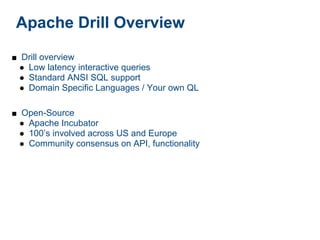 Apache Drill Overview

■ Drill overview
  ● Low latency interactive queries
  ● Standard ANSI SQL support
  ● Domain Specific Languages / Your own QL

■ Open-Source
  ● Apache Incubator
  ● 100’s involved across US and Europe
  ● Community consensus on API, functionality
 