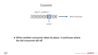 © 2016 MapR Technologies 19© 2016 MapR Technologies 19
● When another consumer takes its place, it continues where
the old consumer left off.
1 2 3 4 5 6 7 8
“topic1”, partition 1
New Consumer
Commit
cursor
 