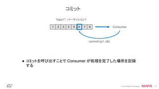 ®
© 2016 MapR Technologies 17®
© 2016 MapR Technologies 17
●  コミットを呼び出すことで Consumer が処理を完了した場所を記録
する
1 2 3 4 5 6 7 8
“topic1”, パーティション1
Consumer
commit (p1, o6)
コミット
 