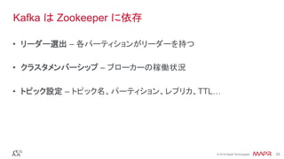 ®
© 2016 MapR Technologies 20®
© 2016 MapR Technologies 20
Kafka は Zookeeper に依存
•  リーダー選出 – 各パーティションがリーダーを持つ
•  クラスタメンバーシップ – ブローカーの稼働状況
•  トピック設定 – トピック名、パーティション、レプリカ、TTL…
 