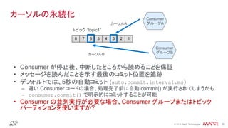 ®
© 2016 MapR Technologies 30®
© 2016 MapR Technologies 30
カーソルの永続化
•  Consumer が停止後、中断したところから読めることを保証
•  メッセージを読んだことを示す最後のコミット位置を追跡
•  デフォルトでは、5秒の自動コミット (auto.commit.interval.ms)
–  遅い Consumer コードの場合、処理完了前に自動 commit() が実行されてしまうかも
–  consumer.commit() で明示的にコミットすることが可能
•  Consumer の並列実行が必要な場合、Consumer グループまたはトピック
パーティションを使いますか?
8 7 6 5 4 3 2 1
トピック “topic1”
Consumer
グループA
Consumer
グループB
カーソルA
カーソルB
 