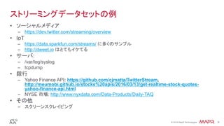 ®
© 2016 MapR Technologies 9®
© 2016 MapR Technologies 9
ストリーミングデータセットの例
•  ソーシャルメディア
–  https://dev.twitter.com/streaming/overview
•  IoT
–  https://data.sparkfun.com/streams/ に多くのサンプル
–  http://dweet.io はとてもイケてる
•  サーバ:
–  /var/log/syslog
–  tcpdump
•  銀行
–  Yahoo Finance API: https://github.com/cjmatta/TwitterStream,
http://meumobi.github.io/stocks%20apis/2016/03/13/get-realtime-stock-quotes-
yahoo-finance-api.html
–  NYSE 市場: http://www.nyxdata.com/Data-Products/Daily-TAQ
•  その他
–  スクリーンスクレイピング
 