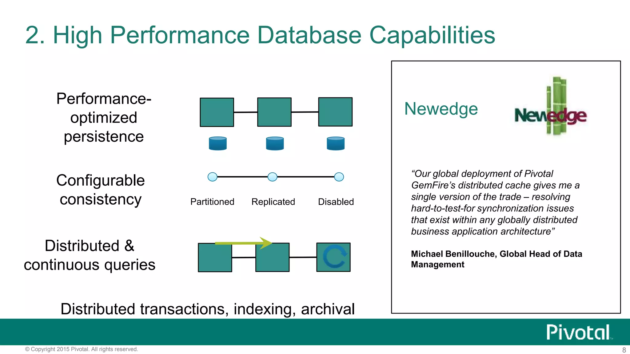 8© Copyright 2015 Pivotal. All rights reserved.
2. High Performance Database Capabilities
Performance-
optimized
persistence
Configurable
consistency Partitioned Replicated Disabled
Distributed &
continuous queries
Distributed transactions, indexing, archival
Newedge
“Our global deployment of Pivotal
GemFire’s distributed cache gives me a
single version of the trade – resolving
hard-to-test-for synchronization issues
that exist within any globally distributed
business application architecture”
Michael Benillouche, Global Head of Data
Management
 