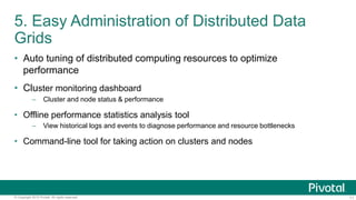 11© Copyright 2015 Pivotal. All rights reserved.
5. Easy Administration of Distributed Data
Grids
• Auto tuning of distributed computing resources to optimize
performance
• Cluster monitoring dashboard
– Cluster and node status & performance
• Offline performance statistics analysis tool
– View historical logs and events to diagnose performance and resource bottlenecks
• Command-line tool for taking action on clusters and nodes
 