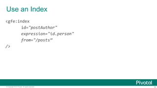 40© Copyright 2015 Pivotal. All rights reserved.
Use an Index
<gfe:index
id="postAuthor"
expression="id.person"
from="/posts”
/>
 