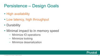 50© Copyright 2015 Pivotal. All rights reserved.
Persistence – Design Goals
 High availability
 Low latency, high throughput
 Durability
 Minimal impact to in memory speed
– Minimize IO operations
– Minimize locking
– Minimize deserialization
 