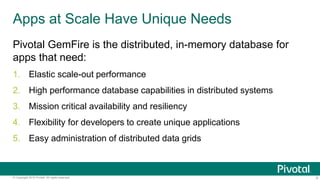 6© Copyright 2015 Pivotal. All rights reserved.
Apps at Scale Have Unique Needs
Pivotal GemFire is the distributed, in-memory database for
apps that need:
1. Elastic scale-out performance
2. High performance database capabilities in distributed systems
3. Mission critical availability and resiliency
4. Flexibility for developers to create unique applications
5. Easy administration of distributed data grids
 