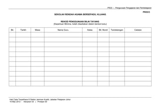PK03 – Pengurusan Pengajaran dan Pembelajaran
PK03/3
SEKOLAH RENDAH AGAMA BERSEPADU, KLUANG
REKOD PENGGUNAAN BILIK TAYANG
(Keperluan Minima, boleh disediakan dalam bentuk buku)
Bil. Tarikh Masa Nama Guru Kelas Bil. Murid Tandatangan Catatan
Hak Cipta Terpelihara © Sektor Jaminan Kualiti, Jabatan Pelajaran Johor
19 Mac 2012 - Keluaran 03 | Pindaan 00
 