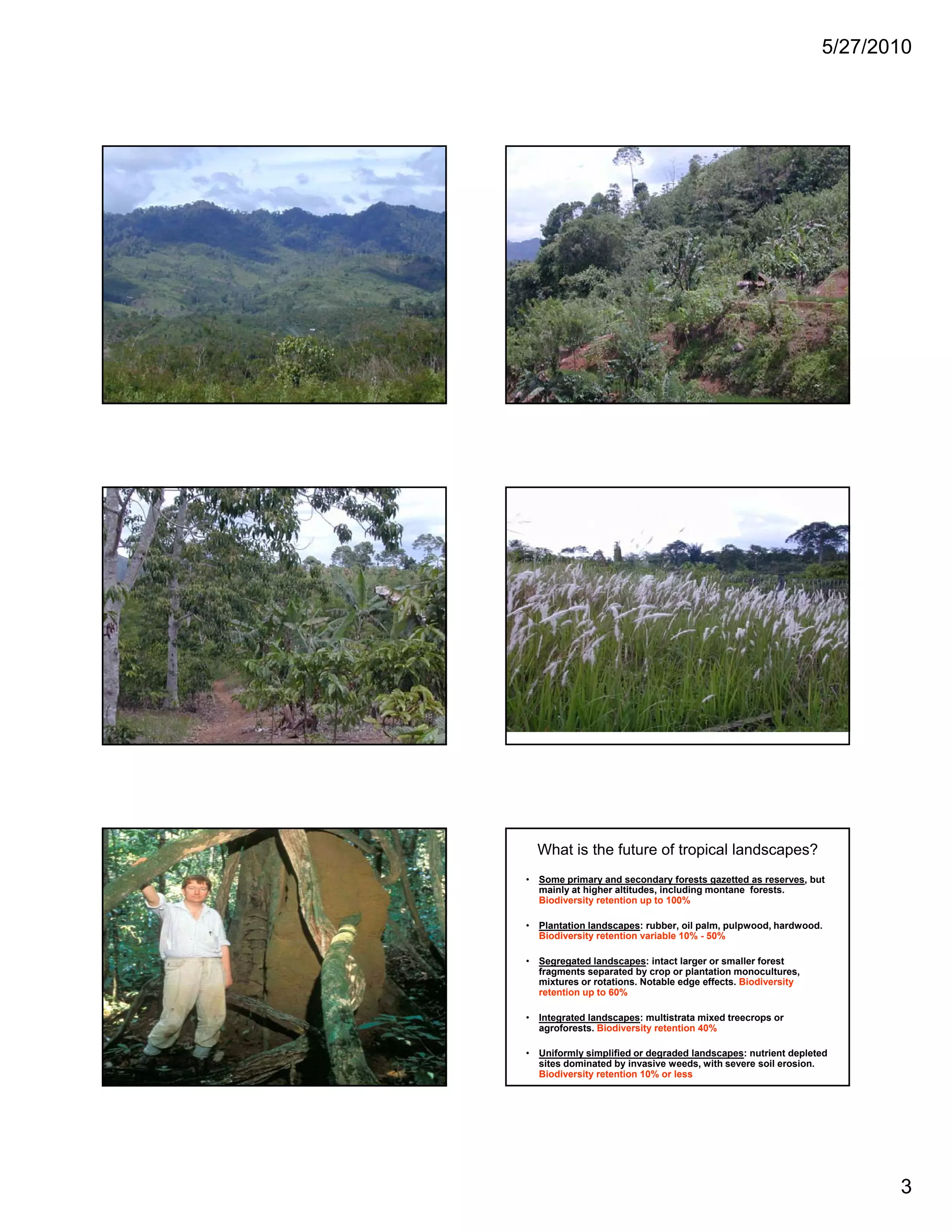 5/27/2010




  What is the future of tropical landscapes?
• Some primary and secondary forests gazetted as reserves, but
  mainly at higher altitudes, including montane forests.
  Biodiversity retention up to 100%

• Plantation landscapes: rubber, oil palm, pulpwood, hardwood.
  Biodiversity retention variable 10% - 50%

• Segregated landscapes: intact larger or smaller forest
  fragments separated by crop or plantation monocultures,
  mixtures or rotations. Notable edge effects. Biodiversity
  retention up to 60%

• Integrated landscapes: multistrata mixed treecrops or
  agroforests. Biodiversity retention 40%

• Uniformly simplified or degraded landscapes: nutrient depleted
  sites dominated by invasive weeds, with severe soil erosion.
  Biodiversity retention 10% or less




                                                                     3
 