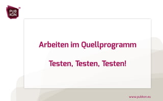 PUB 
KON 
13 
www.pubkon.eu 
Arbeiten im Quellprogramm 
Testen, Testen, Testen! 
 