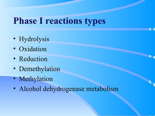 Phase I reactions types Hydrolysis Oxidation Reduction Demethylation Methylation Alcohol dehydrogenase metabolism 