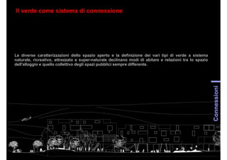 Connessioni
Il verde come sistema di connessione
Le diverse caratterizzazioni dello spazio aperto e la definizione dei vari tipi di verde a sistema
naturale, ricreativo, attrezzato e super-naturale declinano modi di abitare e relazioni tra lo spazio
dell'alloggio e quello collettivo degli spazi pubblici sempre differente.
 