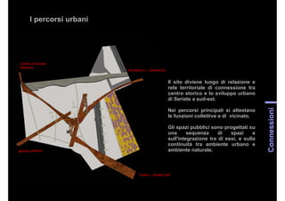 I percorsi urbani
Connessioni
Via Marconi – Seriate Est
Centro di Seriate -
Stazione
Attività collettive
Teatro – Seriate Sud
Il sito diviene luogo di relazione e
rete territoriale di connessione tra
centro storico e lo sviluppo urbano
di Seriate a sud-est.
Nei percorsi principali si attestano
le funzioni collettive e di vicinato.
Gli spazi pubblici sono progettati su
una sequenza di spazi e
sull'integrazione tra di essi, e sulla
continuità tra ambiente urbano e
ambiente naturale.
 